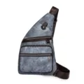 Grey denim chest bag for women, retro versatile outdoor sling crossbody bag with multi zippers and leather trim. - Blue