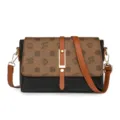 Women retro crossbody bag with monogram flap and black leather body, stylish daily purse. - Black and Light Brown