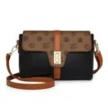 Stylish women's crossbody bag with contrasting brown flap, elegant monogram print and gold lock. - Black & Brown