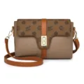 Vintage leather crossbody bag for women, stylish brown shoulder bag with lock closure. - Khaki with Brown