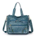 Retro blue washed leather tote bag, casual multi-pocket shoulder crossbody bag for women. - Blue