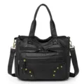 Black leather tote bag for women, vintage multi-pocket shoulder bag and large capacity handbag. - Black