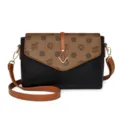Stylish women crossbody shoulder bag with brown monogram flap and black soft leather body. - Black and Light Brown