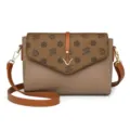 Classic brown monogram leather crossbody shoulder bag for women, versatile daily handbag variant. - Khaki