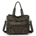 Retro dark brown PU leather tote bag with multiple zip pockets and stylish metal stud details. - Black & Gold