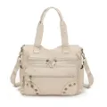 Vintage multi-pocket tote shoulder bag for women, large capacity casual PU leather handbag - Off White