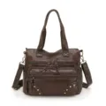 Dark brown retro multi-pocket tote shoulder bag, stylish casual everyday handbag style. - Dark Brown