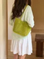 Green woven leather shoulder bag chic summer hollow tote handbag casual beach vacation style - Green