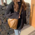 Minimalist brown leather tote bag, soft large capacity shoulder bag for women daily wear. - Brown