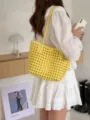 Yellow woven hollow out shoulder tote bag detail, soft leather vacation handbag showcase. - Yellow