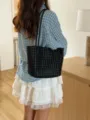 Black woven leather shoulder tote bag for women summer fashion vacation casual purse - Black