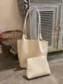 Woven tote bag for women large capacity shoulder bag casual PU leather handbag daily commuter - White