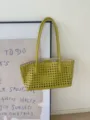 Woven leather shoulder tote bag, stylish hollow-out design, chic chartreuse travel purse. - Green