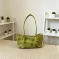 Green woven leather tote bag for women, stylish shoulder handbag with scalloped trim design. - Fruit Green