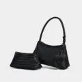Black woven leather shoulder bag set for women, chic hobo handbag with matching pouch. - With Small Pouch Charm / Black