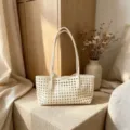 Woven hollow-out shoulder bag women casual stylish tote bag daily commuting handbag. - White