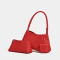 Red woven leather shoulder bag set for women, chic underarm purse with matching small pouch. - With Small Pouch Charm / Red