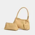Woven shoulder bag and pouch set, chic beige underarm handbag with braided handle design for women. - With Small Pouch Charm / Yellow