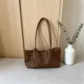 Brown woven leather shoulder bag stylish casual tote handbag for women daily use. - Brown