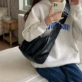 Black soft leather shoulder bag for women, casual slouchy crossbody bag, stylish daily tote. - Black