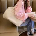 Korean style minimalist large capacity tote bags for women, stylish shoulder travel bag. - Cream