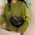 Trendy black crescent waist bag for women, versatile PU leather crossbody chest bag with metal ring. - Black
