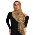 Gold sequin hollow mesh scarf detail, shiny metallic headwrap fashion accessory view. - Gold
