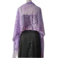 Detail view of a elegant light purple sheer mesh shawl featuring sequin embroidery and fringe. - Light Purple