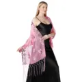 Close up detail of pink sequin embroidered shawl with elegant fringe for evening party events. - Pink