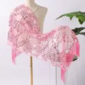 Pink sequin tassel shawl detail, elegant evening dress accessory with intricate embroidery. - Pink