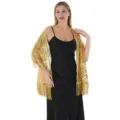 Gold sequin fringe shawl detail, elegant evening dress wrap accessory, ethnic embroidered style. - Gold