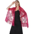 Detailed view of the elegant pink sequined embroidered tassel shawl for evening parties. - Rose Red