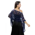 Elegante donkerblauwe pailletten geborduurde ster maan sjaal avondjurk voor vrouwen - Marineblauw