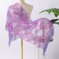 Close-up detail of the elegant purple sequin embroidered fringe shawl, evening party wrap design. - Light Purple