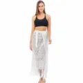 White lace beach cover up skirt detail, hollow out mesh design, fringe hemline, summer resort wear. - One Size / White