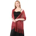 Elegant metallic shimmer shawl with fringe detail, perfect for evening parties and weddings. - Dark Red