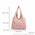 Pink and white plaid canvas tote bag detail view, showing precise dimensions and lightweight design. - Pink