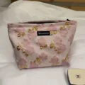 Pink floral jacquard makeup bag with gold foil details, large capacity travel storage pouch. - Pink Gold Leaf