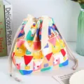 Colorful canvas drawstring lunch bag, cute geometric house print portable bento handbag for daily use. - Castle
