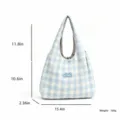 Blue and white checkered canvas shoulder bag with detailed dimensions and neat stitching. - Blue