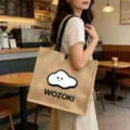 Large capacity linen tote bag with cute cloud print, casual canvas shoulder handbag for commute. - 34*16cm (Large) / Cloud