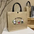 Large capacity jute tote bag with cute panda print, casual canvas handbag for women commuting. - Three Pandas / L