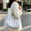 Canvas shoulder tote bag featuring stylish polka dot and plaid pattern for casual daily use. - Polka Dot Vest Style / Blue