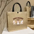 Detailed view of large capacity burlap tote bag with cute dog print and durable handles. - Three Puppies / L