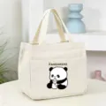Canvas lunch bag with cute panda print, portable handbag for office, school, daily use. - Milk Bottle Panda Bento Bag / 25*16*22cm / White