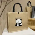 Detailed view of large jute tote bag, cute printed panda graphic, casual linen handbag. - Milk Bottle Panda / L