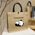 Large capacity printed burlap tote bag casual daily linen shopping handbag for women daily use - Panda with Bamboo / L