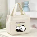 Canvas lunch bag for women students cute panda pattern tote small handbag portable bento pouch details - Sleeping Panda Bento Bag / 25*16*22cm / White