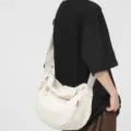 Japanese vintage canvas crossbody bag casual slouchy dumpling shoulder bag for women daily use - White