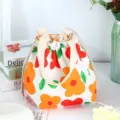 Cute canvas drawstring lunch bag floral bento pouch for students and office workers daily use - Orange Red Floral
